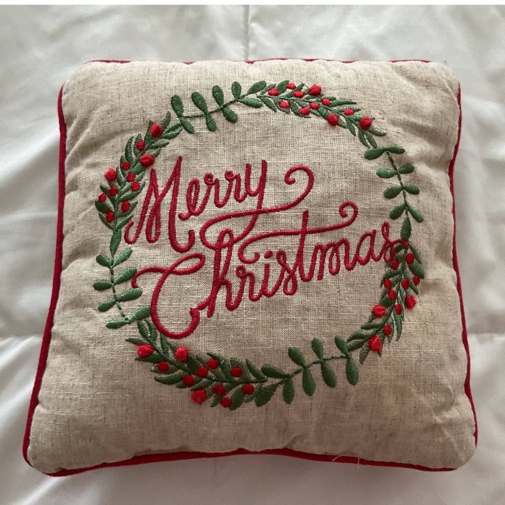 9"x9" Embroidered Merry Christmas Square Throw Pillow Red Berries Green Leaves